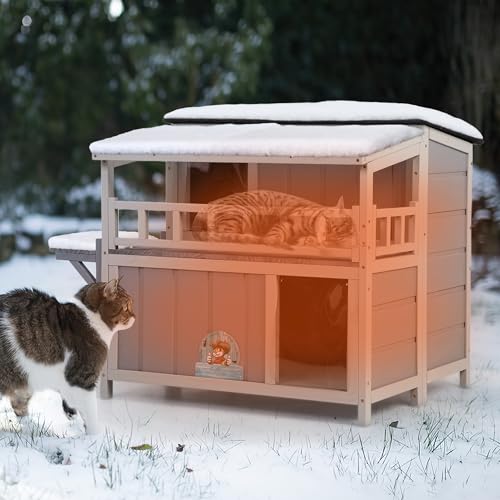 Outdoor Insulated Cat House, 2-Tier Warm Wood Cat Shelter with