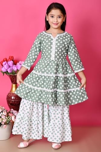 Image of First DREAMGirls Pink Bandhani Printed with Cotton Flower Lace Kurta with Sharara