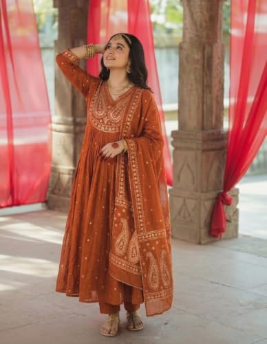 Image of GoSriKi Rust Anarkali Kurta Set for Women with Dupatta | Cotton Kurti Set for Woman | Embroidered Anarkali Suit for Women Kurti Pant Set with Dupatta | Suit Set for Women Latest