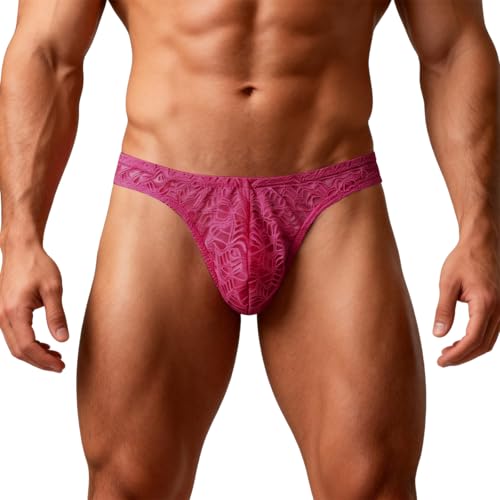 Tanga para hombre de encaje jacquard tanga sexy erótica tanga de cintura baja slip sexy chic Stretch tanga malla mini slips transparente bragas de gran tamaño bajo ropa suave y cómoda, #01 rosa vivo