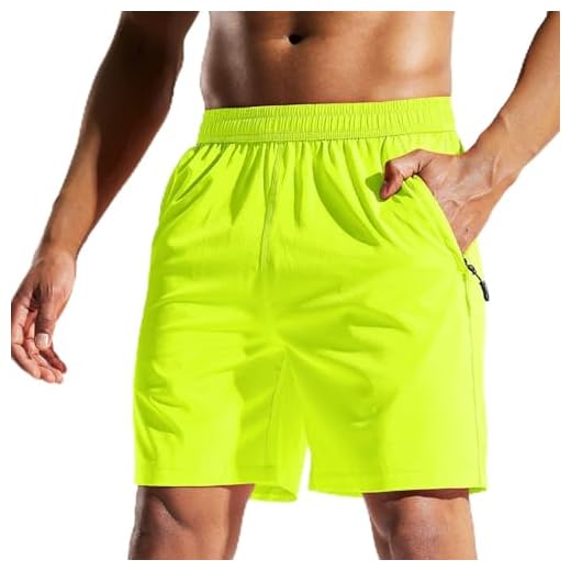 Shorts de corrida atléticos masculinos de secagem rápida, para academia, 17,78 cm, leve, esportes, basquete, tênis, caminhada, bolso com zíper, Verde neon, M
