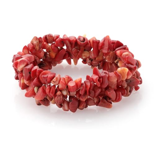 Gem Stone King 8 Inch Multi Strands Red Simulated Coral Stone Chips Stretch Bangle Bracelet For Women