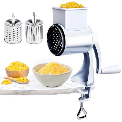 AROMUJOY Manuelle Nussmühle mit 2 Abnehmbaren Trommelblättern, Käsereibe mit Kurbel, Erdnussmühle, Mandelmühle, Gemüsehobel Edelstahl für Nüsse, Mais, Käse, Karotten, Weiß