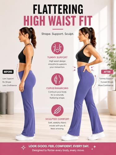Image of Women's High Waist Bootcut Yoga Pants with Pockets | Flared Leggings for Women | Stretchable Gym Workout Pants | Tummy Control Activewear | Lounge & Travel Wear
