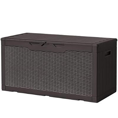 Devoko 97 Gallon Deck Box, Waterproof Resin Outdoor Storage Box for Outside and Patio, Large Outdoor Storage Bench Cabinet Lockable for Patio Furniture, Garden Tools and Pool Supplies (Deep Brown)