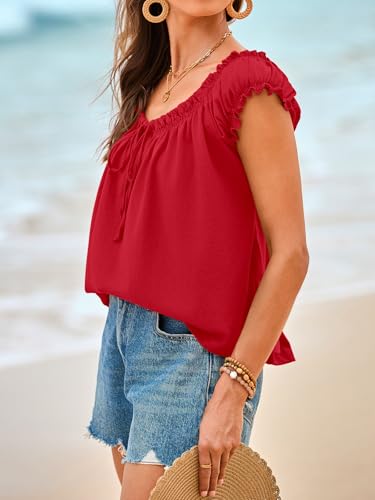 Image of Tankaneo Women Summer Tie Front Tank Tops Cap Sleeve Pleated Babydoll Tops Casual Loose Fit Going Out Flowy Shirt