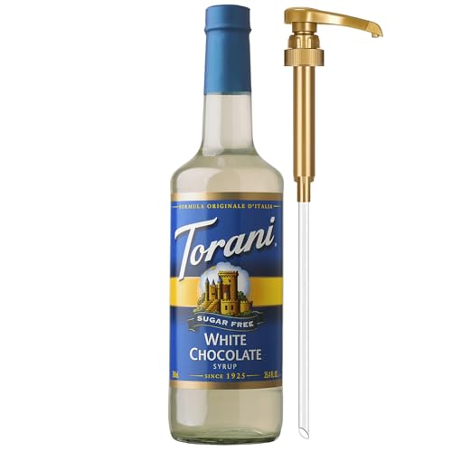 Torani Sugar Free Coffee Syrup, White Chocolate Flavored Syrup for Drinks, Zero Calorie, Glass Bottle with Pump Included, 25.4 Fl Oz