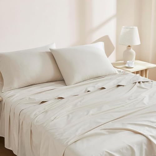 Image of Linen Closet 100% Organic Cotton King Size Sheets Set, 4 Pcs, Beige - Percale Bed Sheets & Pillowcases Set - Up To 16 inch Deep Pocket Fitted Sheet - Cooling, Crisp & Breathable - For Hot Sleepers