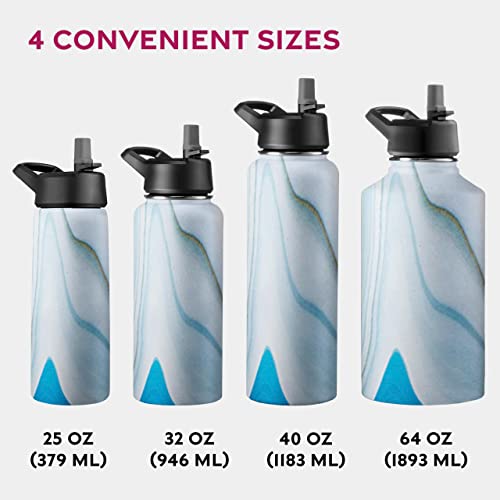 Finedine Insulated Water Bottles With Straw - 25 Oz Stainless Steel Metal Water Bottle W/ 3 Lids - Reusable For Travel, Camping, Bike, Sports - Exquisite Blue Marble #TOP5