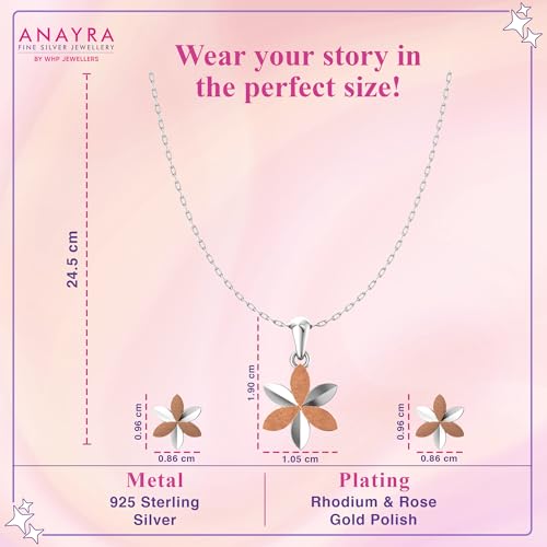 Image of 925 Sterling Silver Rose Gold Plated Pendant Set for Women | Heart & Floral Design Necklace with Matching Earrings | Elegant Jewellery Gift for Girls, Wife, Girlfriend