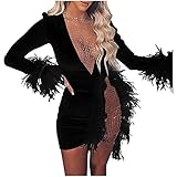 Vestido de manga larga para mujer, sexy, elegante, de corte elegante, con blusas, de un solo color, vestido midi con plumas, vestido de fiesta, vestido de cóctel, Negro , S