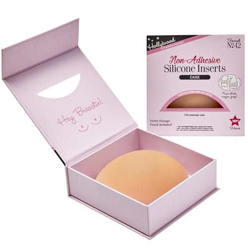 Hollywood Fashion Secrets Non-Adhesive Silicone Inserts Nipple Cover with Storage Pouch - Ultra-Thin, Reusable Nipple Covers for Women, No-Show Coverage, Dark Tone