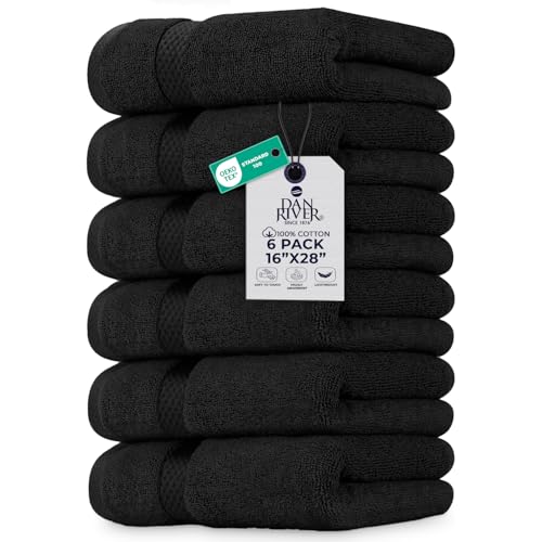 Image of DAN RIVER 6-Pack Premium Hand Towels (16x28 Inches) - 100% Cotton, Ultra Soft, Lightweight, Highly Absorbent Towels for Bathroom, Spa, Gym, Salon, Hotel, and Travel - Black