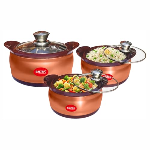Image of BALTRA Crown Stainless Steel Serving Casserole Set 100% Food Grade with Glass Lid | PUF Insulated Chapati Casserole for Daily Use & Gifting | Hot Box /Roti Box (Crown Set of 3 (1000+1500+2000ml))