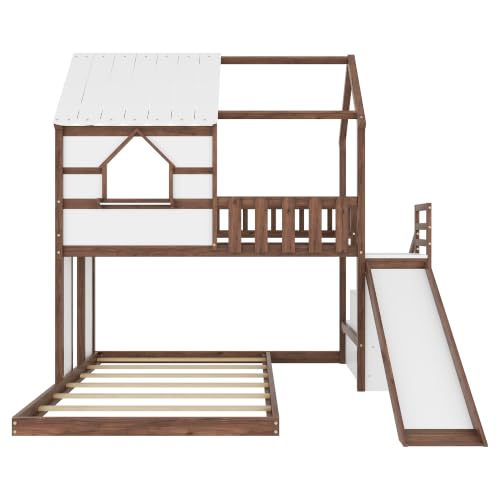 Image of Bellemave Bunk beds Twin Over Full with Slide,Storage Staircase,House roof Design,Low bunk /loft Bed for Kids，Walnut