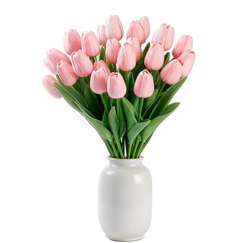 SHUERIET Pink Faux Tulips Real Touch (20 Pcs) - 13.5 Inch Premium PU Artificial Flowers for Mother's Day, Spring & Easter Home Decor, Wedding Bouquet