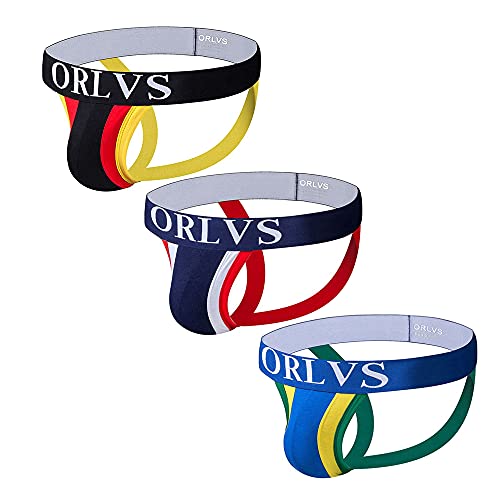 ORLVS Men s Underwear Jock Strap Athletic Supporters, 3-Pack Cotton Low Rise Stretch Multipack Performance G String Thong (X-Large, Black Dark Blue Blue(3-Pack))