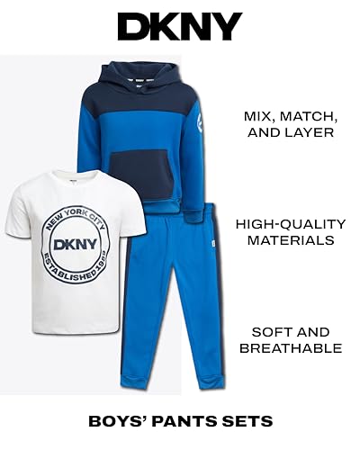 Image of DKNY Toddler Boys' Jogger Set - 3 Piece Short Sleeve Graphic T-Shirt, Pullover Hoodie, and Jogger Sweat Pants (Sizes: 4-7)