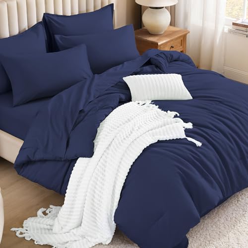 Image of Litanika Super King Plus Comforter Sets Navy Blue - 7 Pieces Bed in a Bag Beddding Sets, Solid Lightweight Bed Set with Comforter, Sheets, Pillowcases & Shams