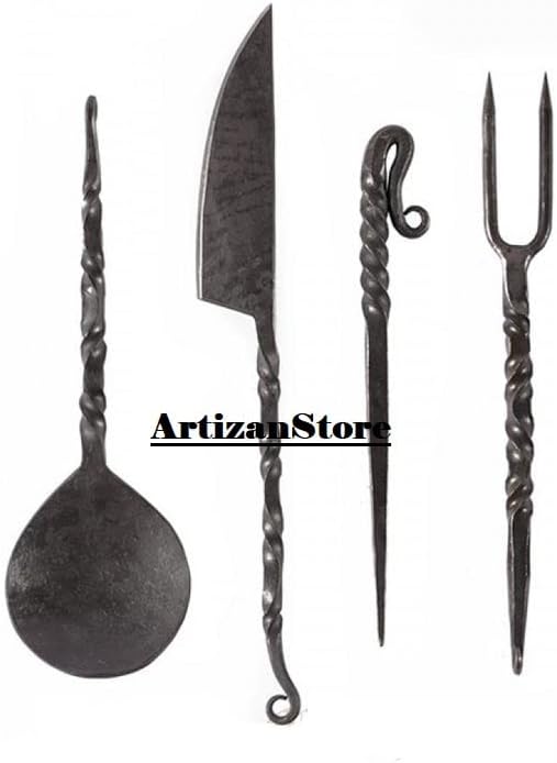 Medieval Handforged Iron Cutlery Set With Leather Pouch flatware, kitchen, spoon, skewer, fork, Knife gift Eating Utensil Set, Great Gift as Collectible