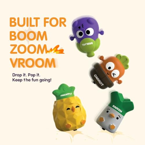 Image of Press & Go Veggie Runner Toy Pack of 4 for Kids with Colorful Carrot, Brinjal, Radish & Pineapple Designs, Push and Go Action Toy, Best Gift for Kids, 3+ Years