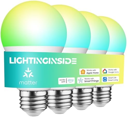 Lightinginside Matter Smart Light Bulbs Compatible with Alexa/Siri/Apple Home/Google Home/SmartThings, A19 E26 WiFi Color Changing Light Bulb 60W Equivalent 800LM 9W, 2.4GHz WiFi Only, ETL Listed,4PCS