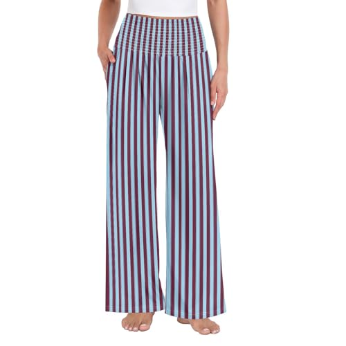 Pantalon palazzo à jambe large bordeaux et bleu clair à rayures verticales stretch