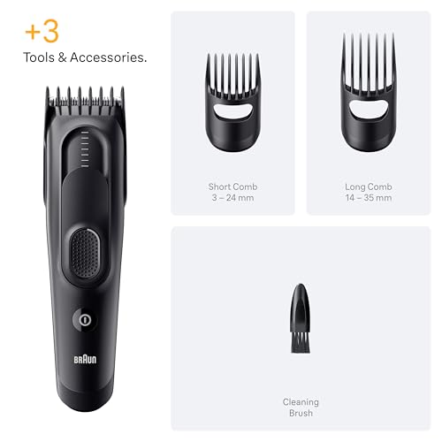 Braun Haarschneider Series 5, Haarschneidemaschine und Rasierapparat für Herren, Haartrimmer mit Ultrascharfe Klingen, 17 Längen, 3 Zubehörteile, 50 Min. Akku, Abwaschbar, HC5530, Schwarz