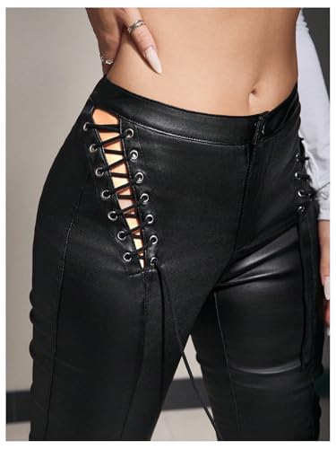 WDIRARA Women\'s Lace Up Faux Leather Flare Pants Goth Punk Bootcut Pants Black Small - Thumbnail 5