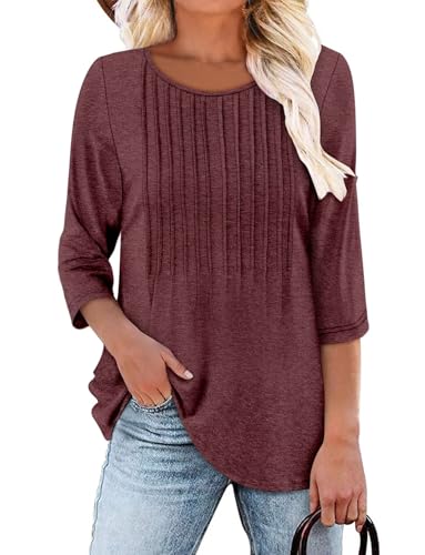 KISSMODA Tunic Tops for Women Loose Fit Dressy Round Neck Pleated 3/4 Length Sleeve Spring Tops