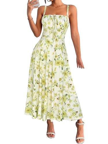 Image of YATHON Women's Summer Midi Corset Boho Dresses Spring Casual Floral Spaghetti Straps Lace Up Dress Flowy Aline Beach Sundress