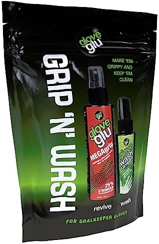GloveGlu "Grip 'N' Wash Goalkeeper Glove Spray Bundle. Contains 120ml MEGAgrip Goalkeeper Grip Spray 50ml Premium Wash & Prepare Goalkeeper Glove Wash