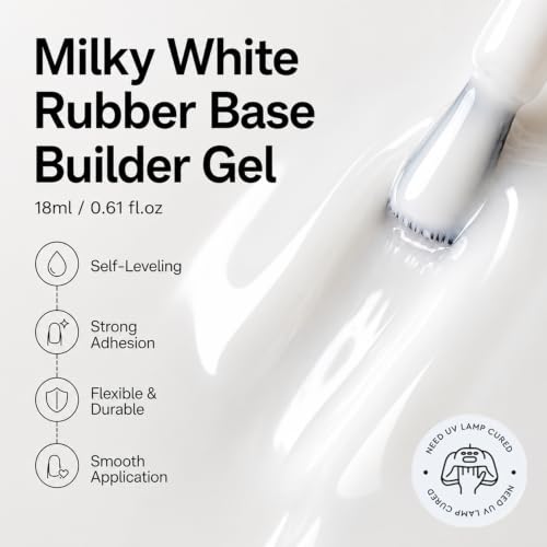 Image of AZUREBEAUTY 18ml Rubber Base Builder Gel Polish for Nails, Milky White Rubber Base Coat, Self-Leveling Apex Building Nail Strengthener, Long Lasting Soak Off UV LED for Thin Weak Brittle Nails