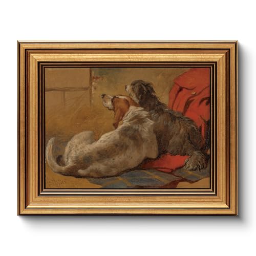 Image of HUARCEY Gold Framed Vintage Wall Art for Living Room Dogs Oil Painting Wall Decor- Cozy Pet-Themed Aesthetic Room Decor for Bedroom Prints Study Classic Animal Artwork Gift for Dog Lovers 8 inchx10 inch