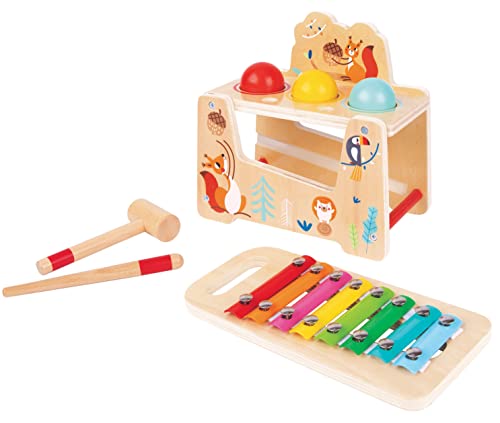 TOOKYLAND Pound a Ball Toy - 7pcs - Wooden Pounding and Hammering Bench with Xylophone; Educational Ball Drop Tap Game for Toddlers 1 Year Old +