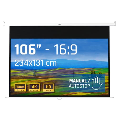 Iggual Pantalla Proyección 106 Pulgadas- Enrollable Manual Panorámico- Formato 16:9- Ángulo Visión 180 - Altura Ajustable- Apto Pared Techo- Compatible 4k Y Cualquier Proyector, 234x131 Cm