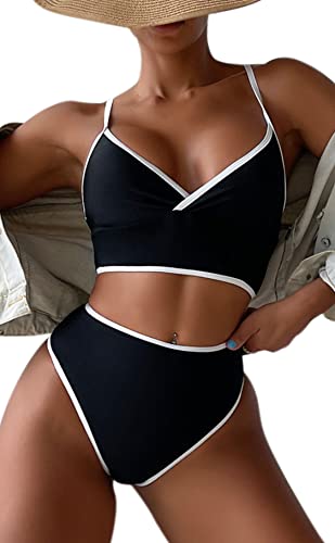 B2prity Damen-Bikini-Set, V-Ausschnitt, hohe Taille, Push-Up-Bauchkontrolle, Badeanzug, zweiteilig, für Damen, schwarz, Small Cover