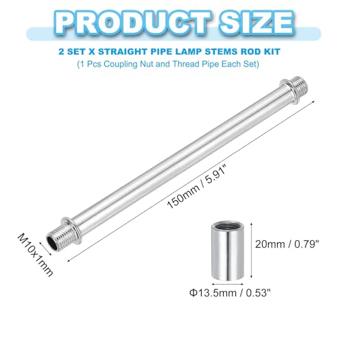 Image of PATIKIL Straight Pipe Lamp Stems Rod Kit, 2 Set M10 Carbon Steel 150mm(5.91 inch) Long Double End Thread Rod with Coupling Nuts Sleeve Connector for Table Lamps Chandeliers,Chrome