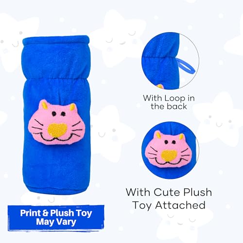 Image of Soft Plush Stretchable Baby Feeding Bottle Cover Easy to Hold Strap with Cute Animated Cartoon| Suitable for 60-125 Ml Feeding Bottle (Peach-Light Blue)