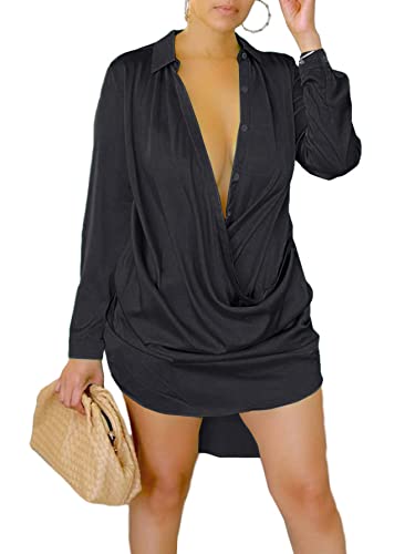 Vrtige Women's Satin Draped Cowl V Neck Button Ruched Long Sleeve Cocktail Mini Dress Black# Large #TOP7