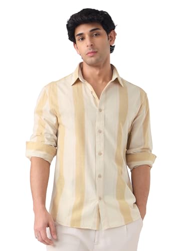 Image of The Souled Store Cotton Linen Stripes: Apricot Men and Boys Long Sleeves Collared Neck Orange Stripes Regular Fit Lightweight Comfortable Summer Cotton Linen Shirts
