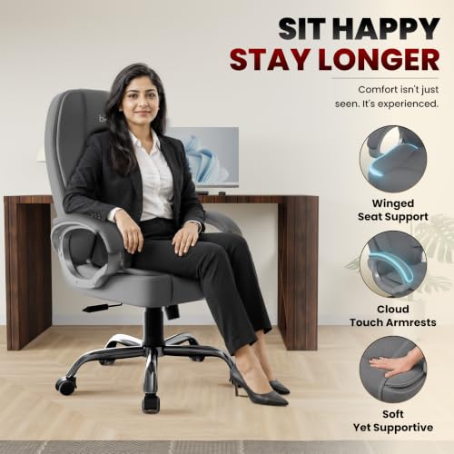 Image of beAAtho Vintage Executive High Back Ergonomic Fabric Office Chair with 3 Years Warranty | Revolving Director & Boss Seating | Orthopedic Design | Fabric Grey