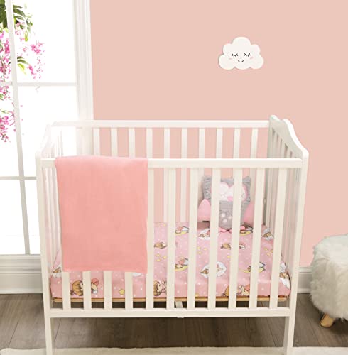 Image of 2 Pack n Play Mattress Sheets - 100% Jersey Knit Cotton Soft Portable Crib Mattress Sheet for Girls with Pink and Yellow Precious Moments Design; 2 Pk Playpen Mattress or Mini Crib Fitted Sheet Set