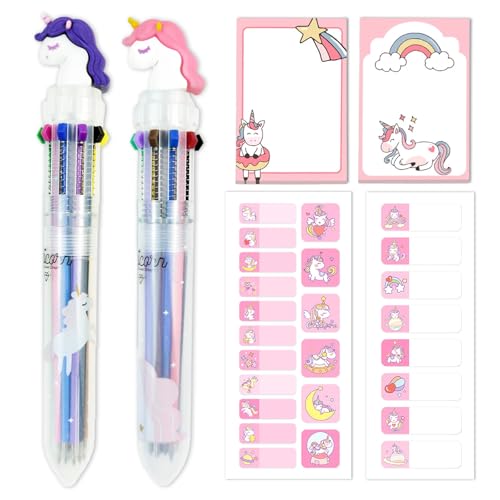 Escolar 2 bolígrafos 10 en 1 con diseño de unicornio, contenido de relleno, bolsa escolar, unicornio, niñas, pegatinas para el nombre de los niños, la escuela y notas adhesivas, bolígrafos para el