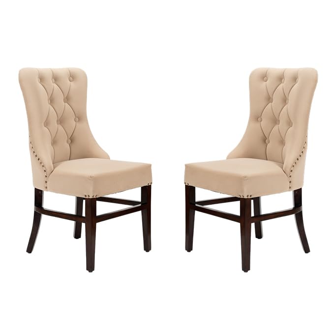 WOODBURY TREE Modern Button Tufted Dining Chairs, Luxury Sheesham Wood & Premium Velvet, Comfy Accent Chairs for Living Room, Bedroom, Chairs with Nail Heads (Set of 2) (Beige)-picture-11