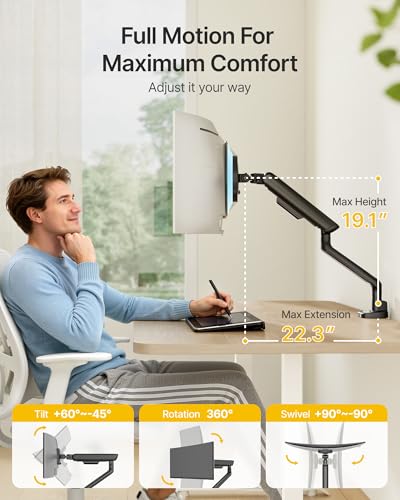 Image of monTEK Mechanical Spring Single Monitor Arm with USB for 40in Screen Black | Built-in One-Way Bearing, Holds 26.4 lbs, VESA 75 /100mm, C-Clamp /Grommet Base & Cable Management, Office, Home, Game