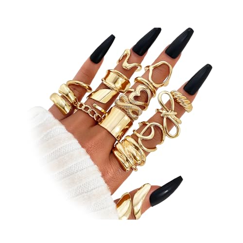 IFKM Gold Chunky Rings Set for Women 14k Gold Plated Thick Dome Stackable Open Rings Trendy Dainty Minimalist Jewelry Gifts (Geometric metal wind, Gold)