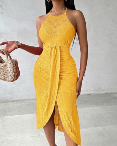 Image of CHICME Womens Summer Halter Dress Hollow Out A Line Vacation Dress