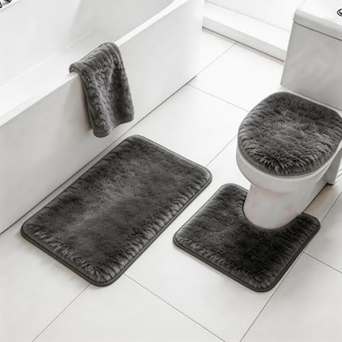 RUN HELIX Shaggy Bathroom Rugs Sets 3Piece Bath Mat for Bathrom Non-Slip Bathrom Mats Water Absorbent Bath Rug Floor Mats Soft Washable Shower Rug wit
