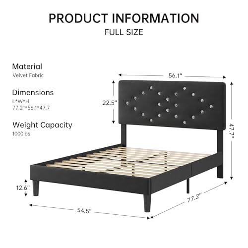 GAOMON Full Size Bed Frame with Headboard, Upholstered Platform Bed Frames Full Size with Crystal Diamond Tufted for Girls/Kids Easy Assembly, Wooden Slats Support, No Box Spring Needed, Black